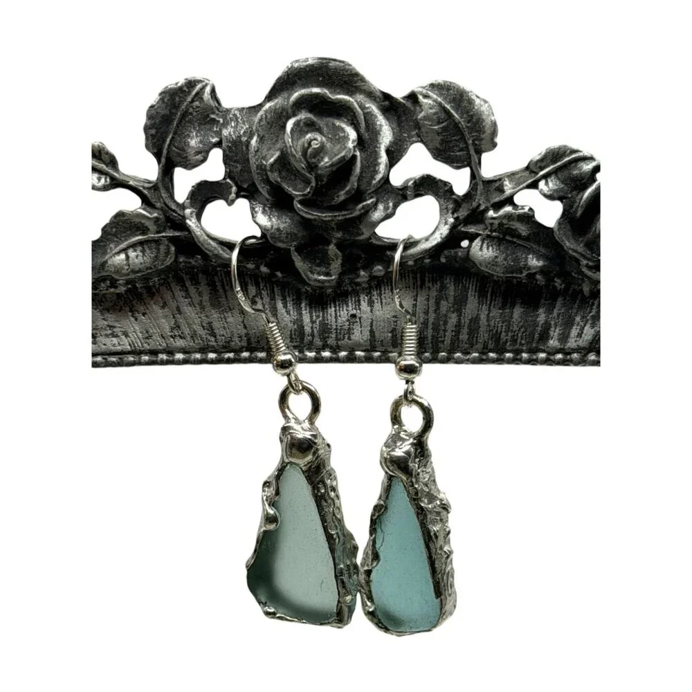 Handmade Sea Glass Earrings With Artisan Silver Blend Cabochons & 925 Hooks - Picture 3 of 13